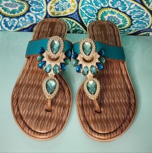 Montego Bay Club Teal and Gold Embellished Sandals